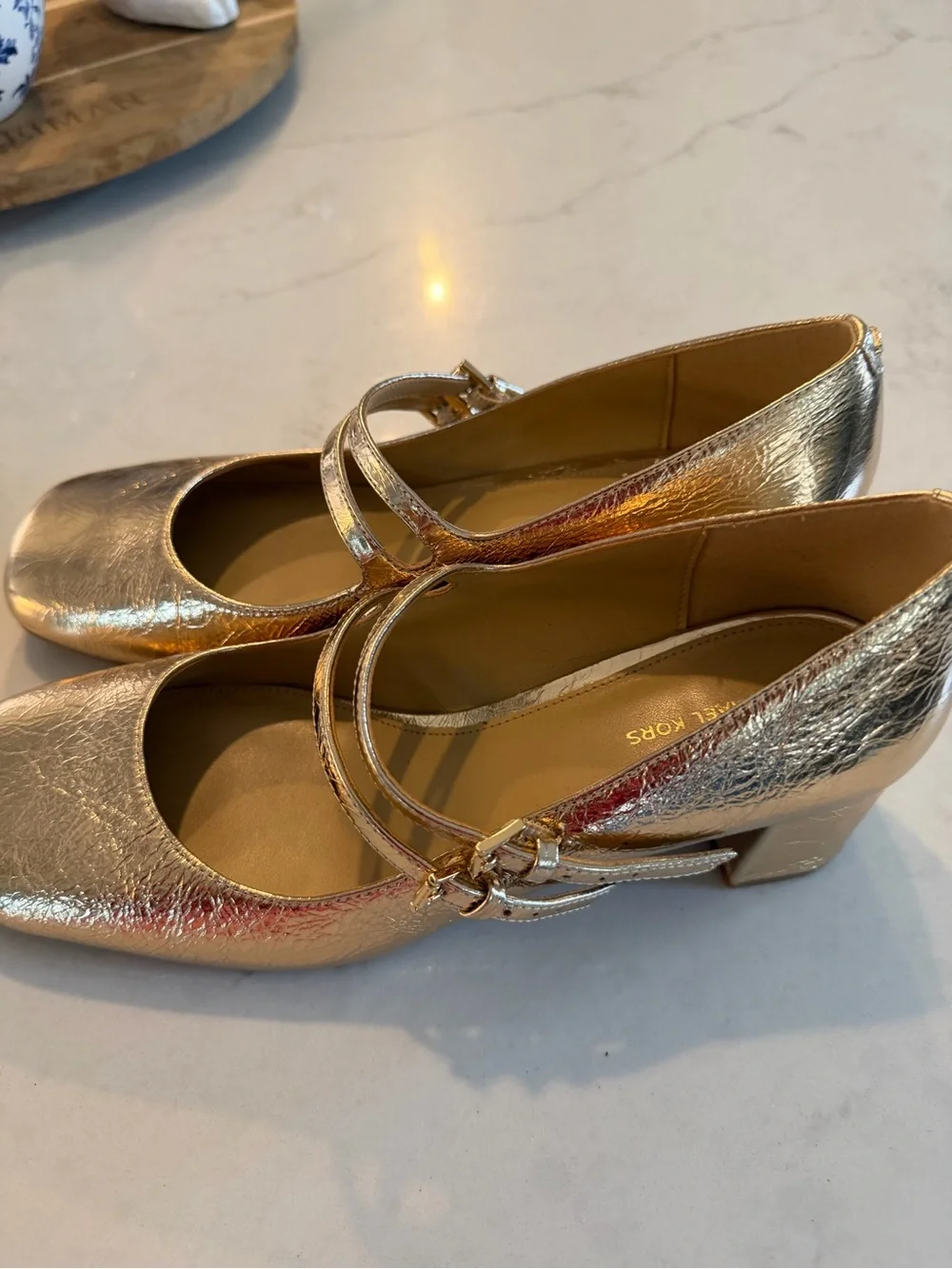 Michael Kors Crinkled Gold Double-Strap Mary Jane Flats